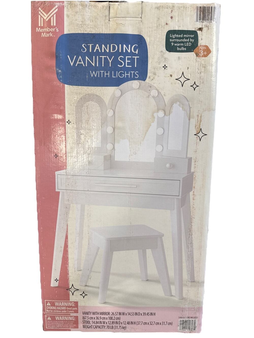 Member's Mark Vanity Set with Lights & Stool, Three Panel Mirror, White